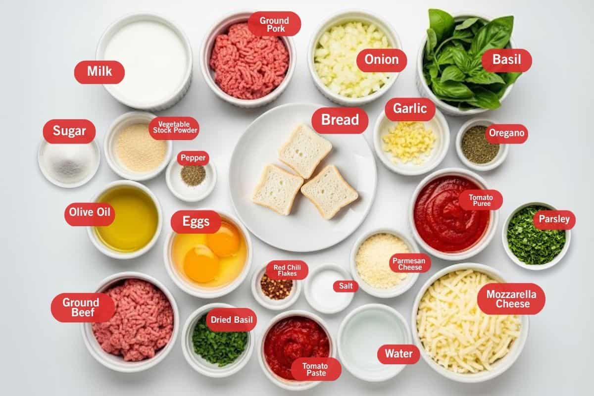 Flay lay photo of ingredient shot of milk, ground pork, onion, basil, oregano, garlic, tomato puree, parsley, mozzarella cheese, water,parmesan cheese, salt, tomato paste, salt, red chili flakes, eggs, dried basil, ground beef, olive oil, bread, olive oil, pepper, vegetable stock powder, sugar,