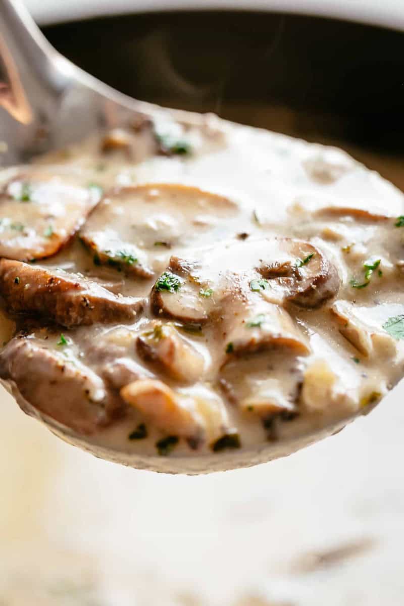 Homemade Creamy Mushroom Soup on a ladle