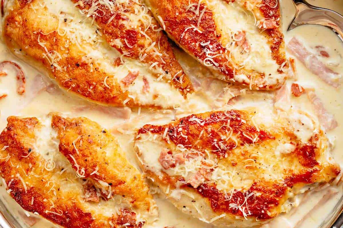 Close-up shot of Creamy Parmesan Carbonara Chicken (No Egg).