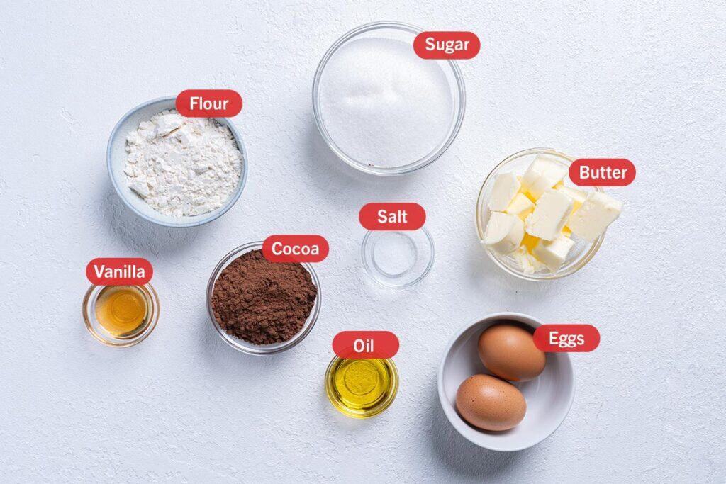 gredients needed for the preparation of this recipe, specifically: flour, sugar, butter, eggs, oil, cocoa, vanilla, and oil.
