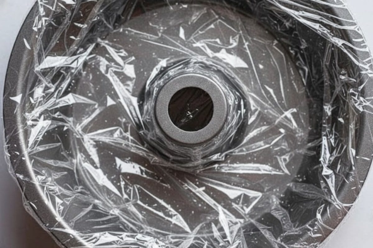 Line the inside of a 10-cup Bundt pan with plastic wrap,