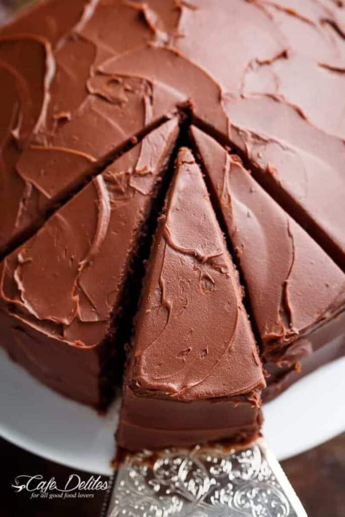Fudgy Chocolate Cake cut into pieces