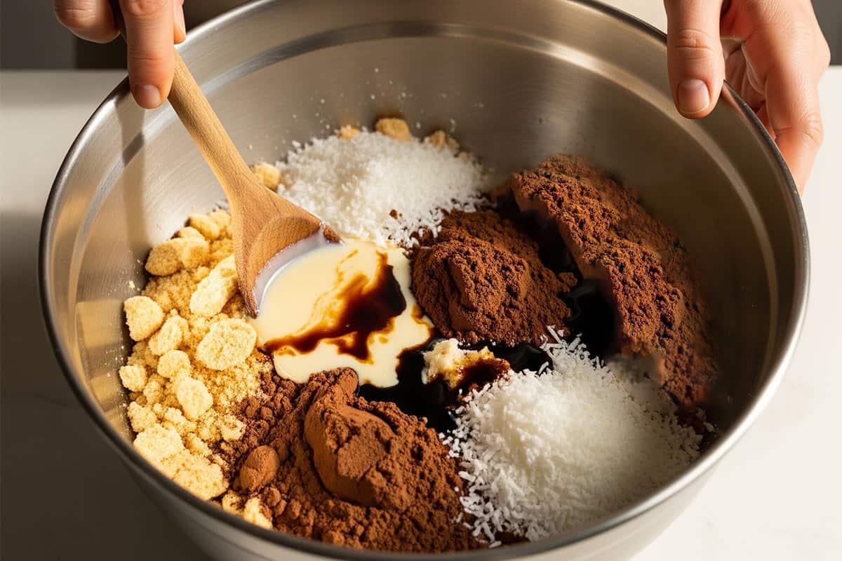 Crushed cookies, coconut, cocoa powder, condensed milk, rum, and vanilla in a large mixing bowl and a hand with a wooden spoon.