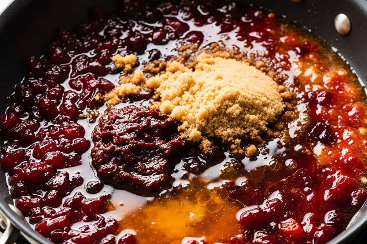 Cranberry sauce, chili sauce, brown sugar, and vinegar in a large skillet.