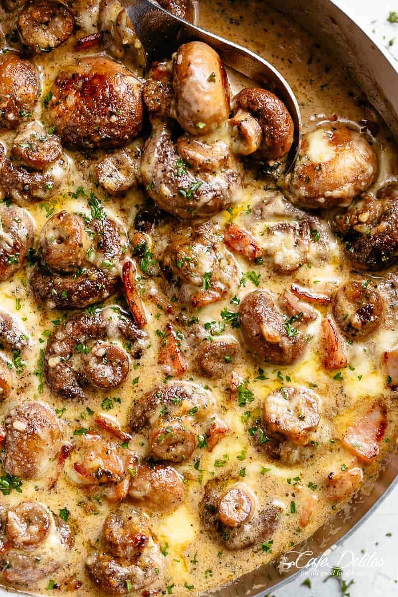 Mushroom recipe #cafedelites #mushroom #recipe Sautéed Mushroom recipe with cheese, cream and bacon in a skillet