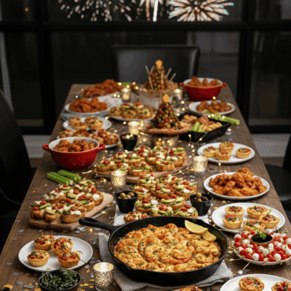 a table filled with party food and fireworks in the background celebrating NYE