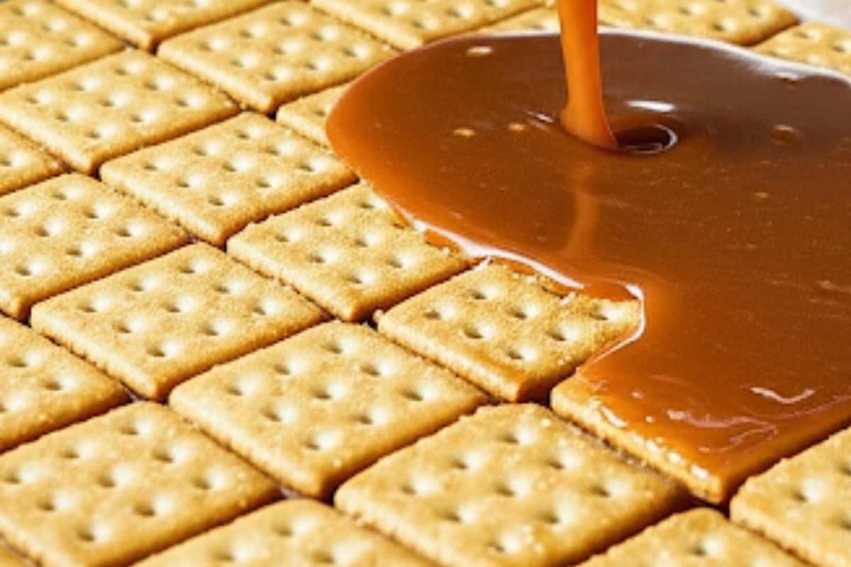 Pour in the hot toffee mixture on top of the crackers.