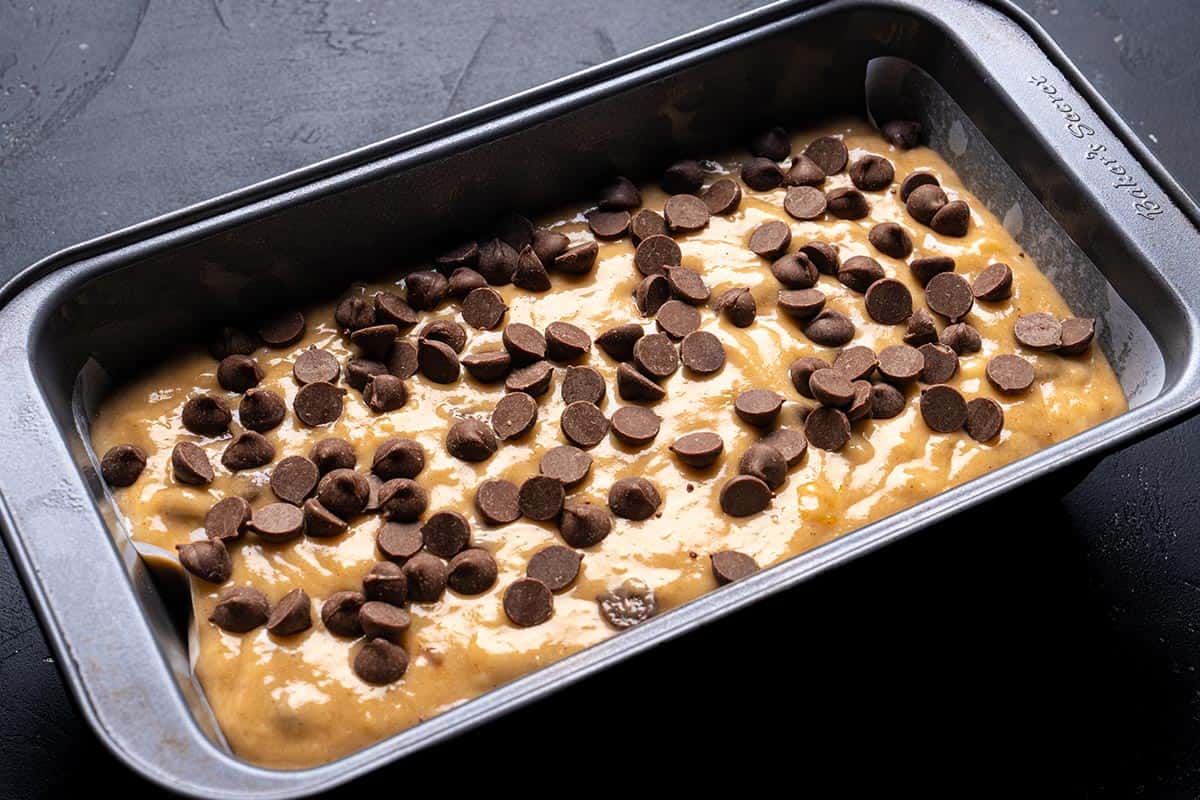 uncooked banana bread topped with chocolate chips