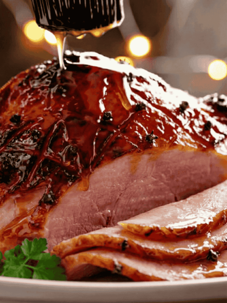 Carving Honey Baked Ham basted with pineapple juice and a buttery sticky glaze! #cafedelites #honey #honeybakedham #ham #bakedham #sliced a side shot of a leg ham with slices cut out and a black brush covering it with a thick sticky clear glaze, the ham looks baked with black charred pieces speckled all over