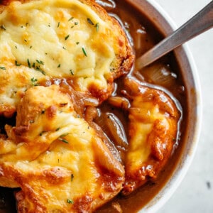 French Onion Soup in a bowl with spoon
