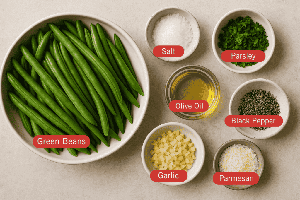 A labeled flatlay image showing individual bowls of ingredients for garlic green beans on a light surface. The ingredients include fresh green beans in a large bowl, and smaller bowls of salt, chopped parsley, olive oil, black pepper, finely chopped garlic, and grated parmesan cheese.