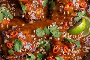 Finished Thai satay chicken topped with cilantro, red chillies and crushed peanuts.