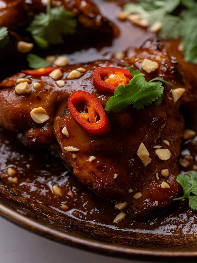 Close up view image of Thai Satay Chicken In A Creamy Peanut Sauce in a pan