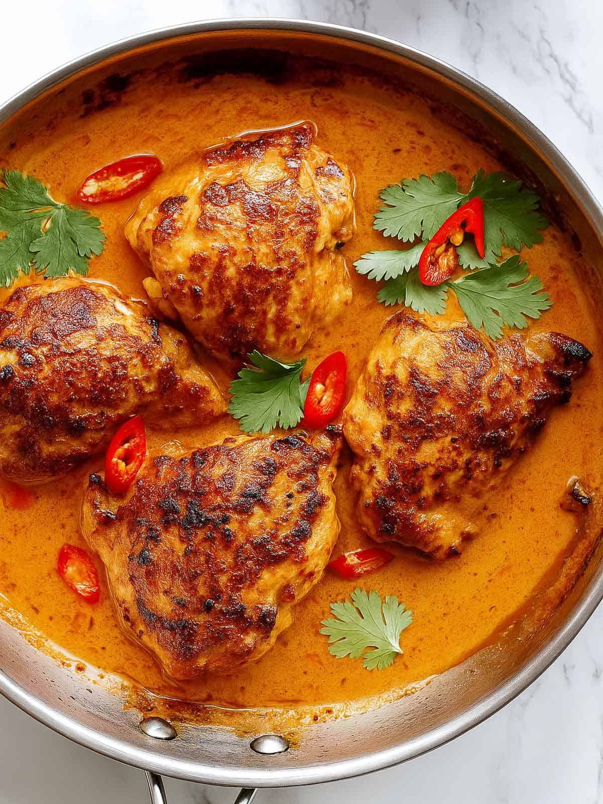 Top view image of Thai Satay Chicken In A Creamy Peanut Sauce in a pan