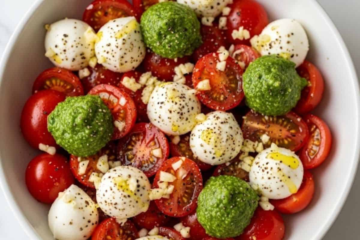 In a medium bowl, combine halved tomatoes, mozzarella balls, basil pesto, minced garlic, and olive oil; season with salt and pepper.