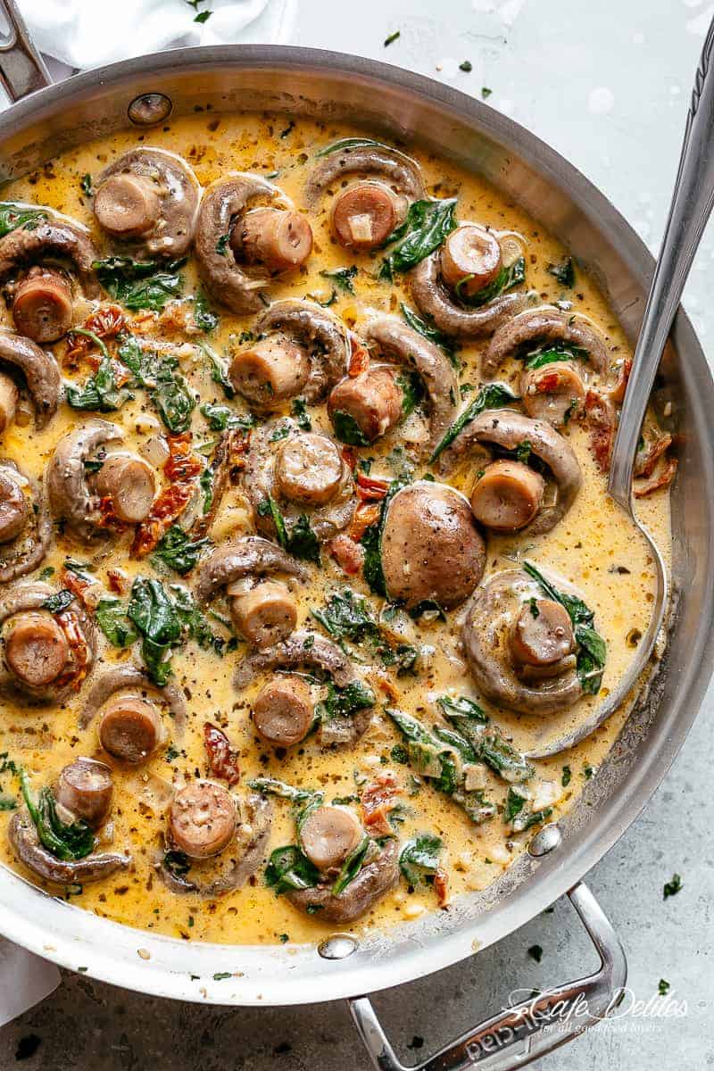 Creamy Garlic Butter Tuscan Mushrooms in a steel container