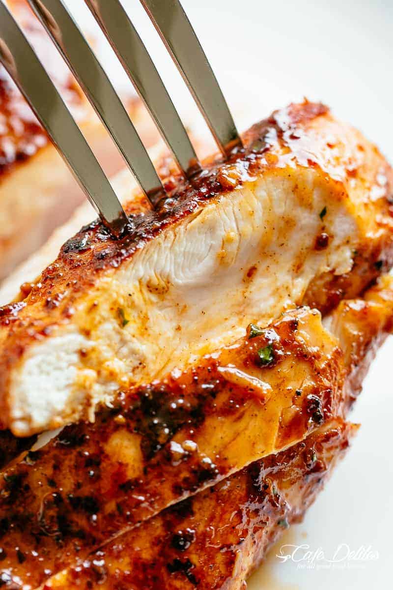 Fork pierced into a piece of Cajun Butter Chicken Breast
