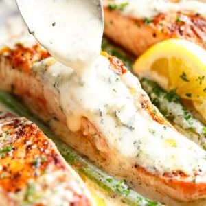 creamy Dijon sauce poured on Salmon is a deliciously foolproof recipe