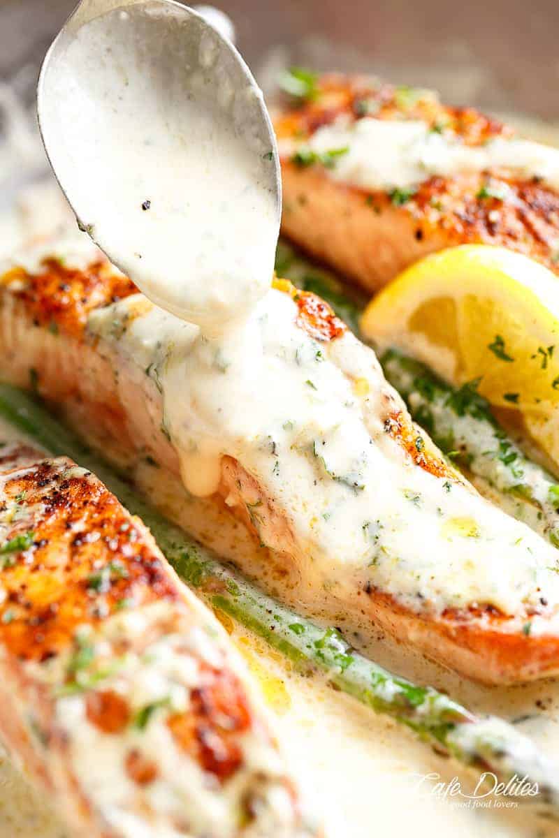 creamy Dijon sauce poured on Salmon is a deliciously foolproof recipe 