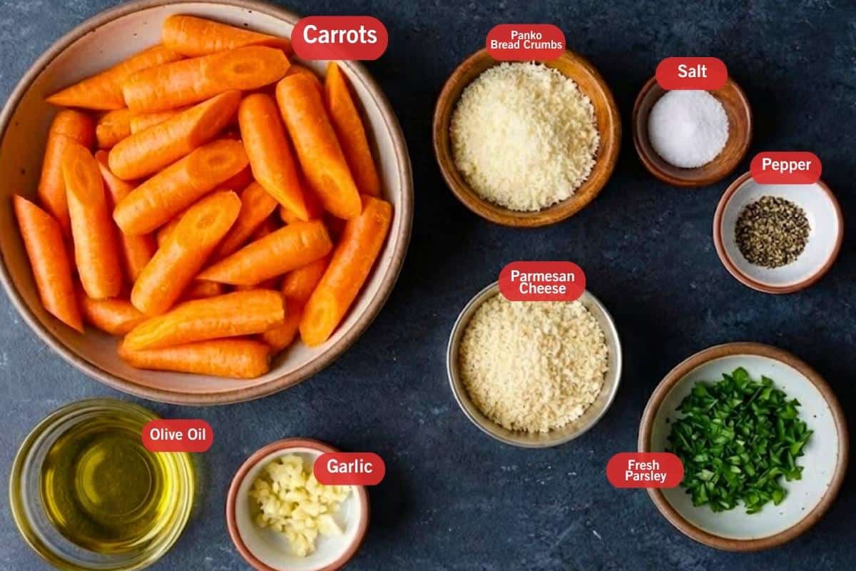 Flat lay photo of ingredient shot of carrots, olive oil, panko bread crumbs, salt, pepper, fresh parsley, parmesan cheese, garlic,
