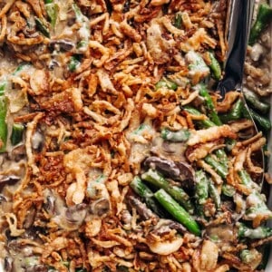 Crunchy Green Bean Casserole with homemade cream of mushroom soup and French fried onions!