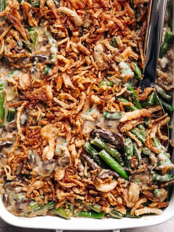 Crunchy Green Bean Casserole with homemade cream of mushroom soup and French fried onions!