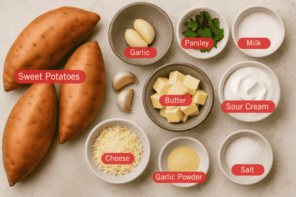 A labeled flatlay photo of ingredients for mashed sweet potatoes arranged on a neutral surface. Visible are whole sweet potatoes, peeled garlic in a bowl, cubed butter, sour cream, milk, parsley leaves, shredded cheese, garlic powder, and salt.