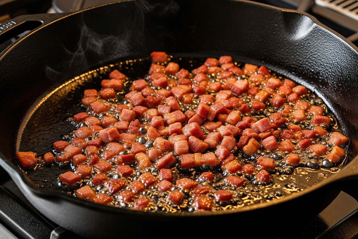 Chopped bacon in a large skillet.