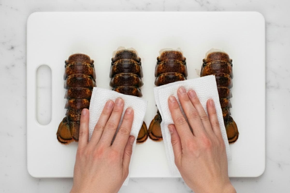 Patting the lobster dry using paper towel.