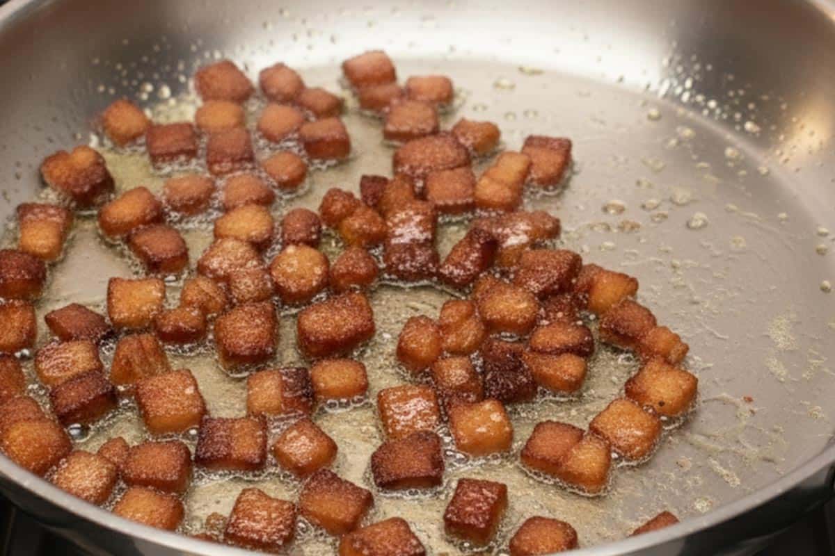 Cooking the bacon in the skillet.