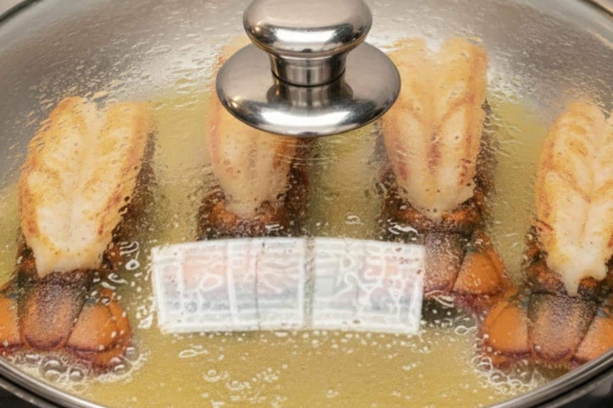 Searing the lobster tails in the skillet covered with lid.