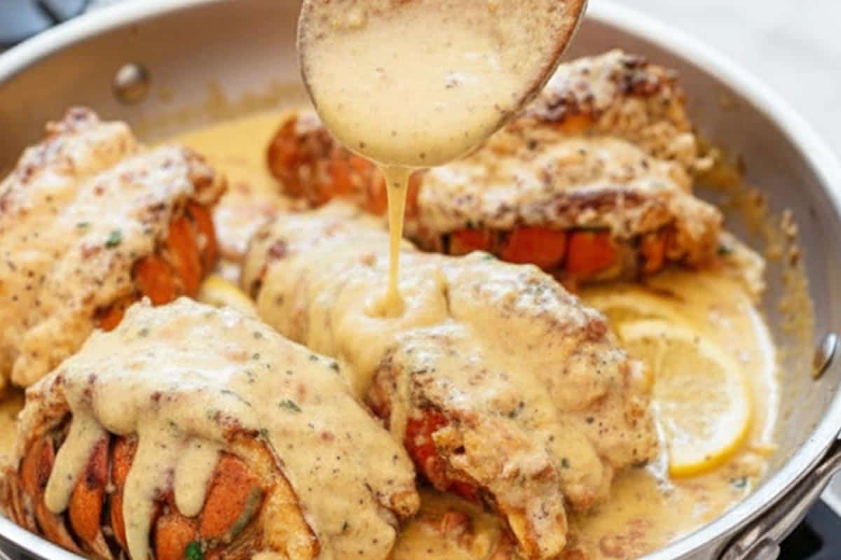 Pouring creamy sauce over the lobster.