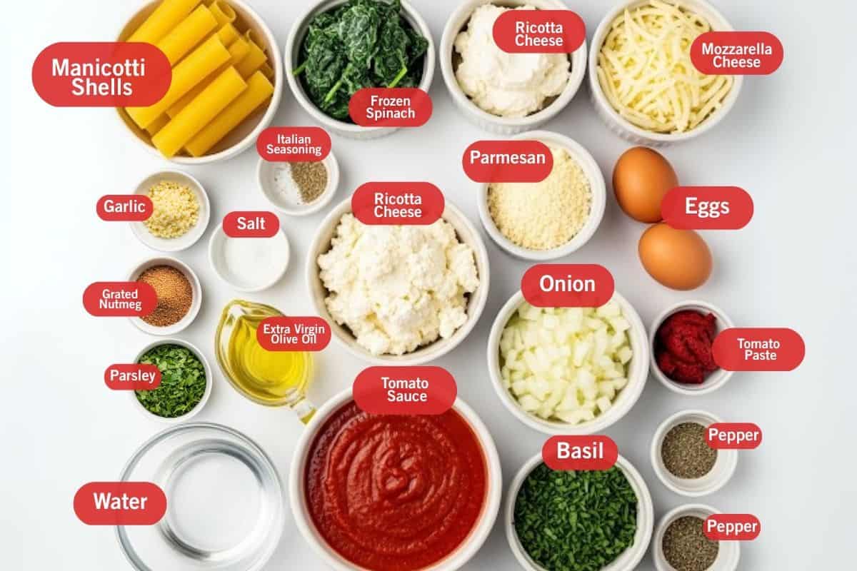 Flat lay photo of ingredient shot of manicotti shells, frozen spinach, ricotta cheese, mozzarella cheese, Italian seasoning, garlic, grated nutmeg, parsley, water, tomato sauce, extra virgin olive oil, basil, pepper, tomato paste, eggs