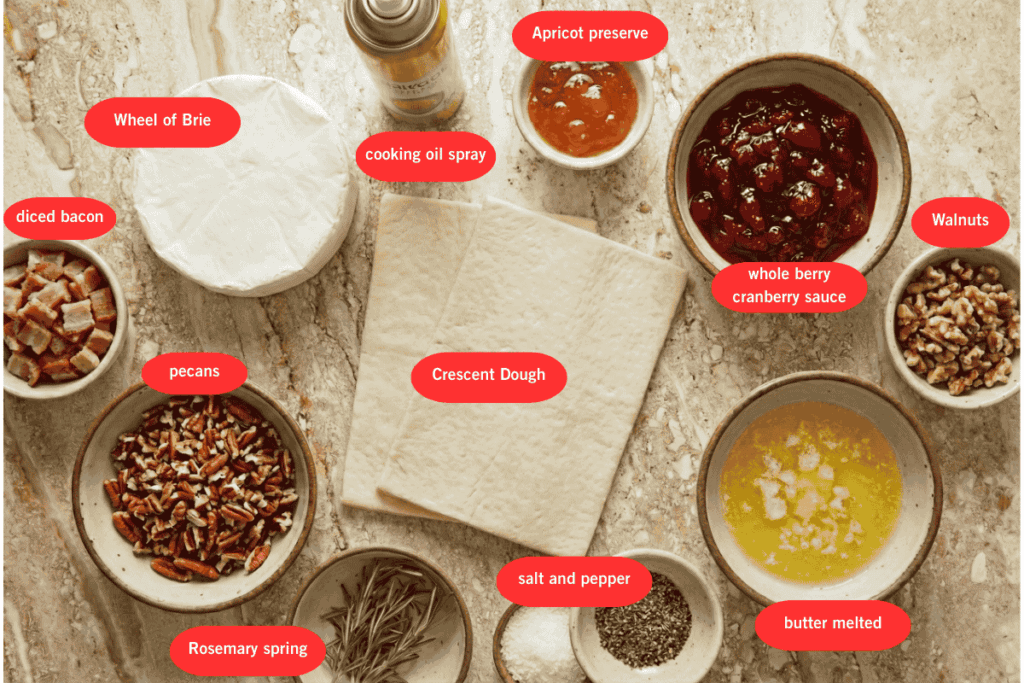 a top down view of all the ingredients needed to make baked brie bites all in bowl except for the brie wheel and pasty which are all laid out on a bench