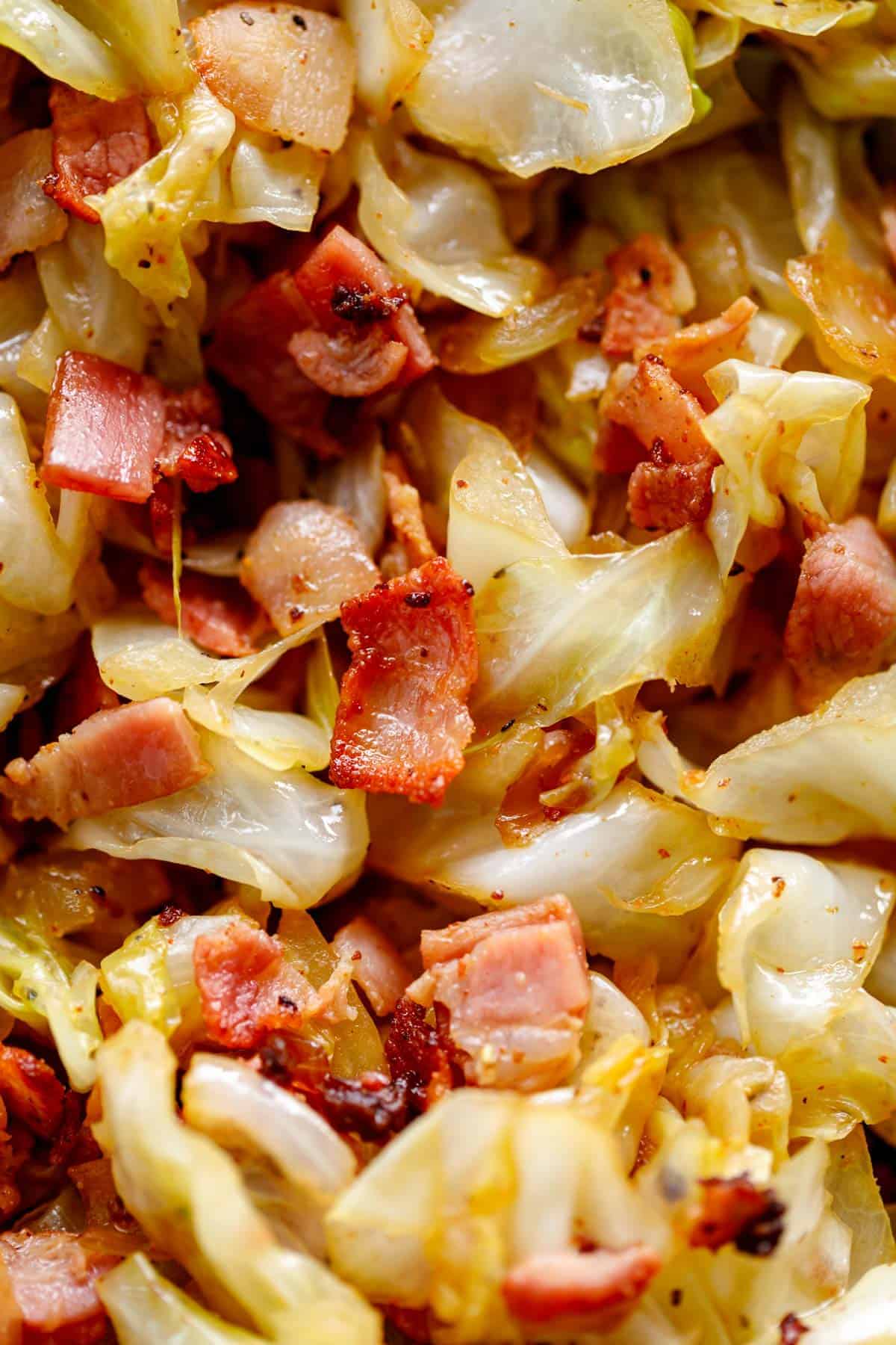 fried cabbage #cabbage #recipe #Keto Zoom in image of finished dish in a pan.