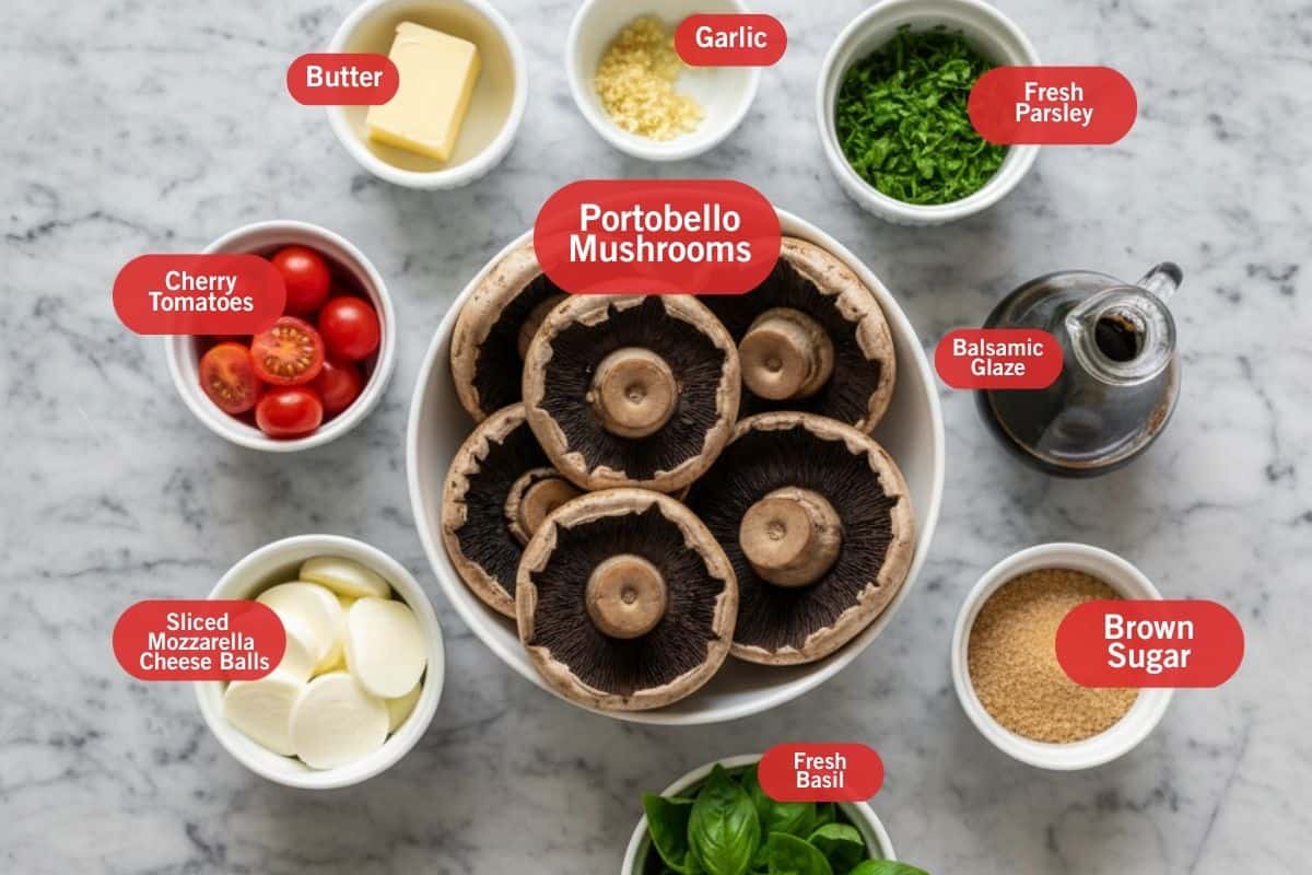 Flat lay photo of ingredient sho of butter, garlic, fresh parsley, balsamic glaze, brown sugar, fresh basil, sliced mozzarella cheese balls, cherry tomatoes, portobello mushrooms.