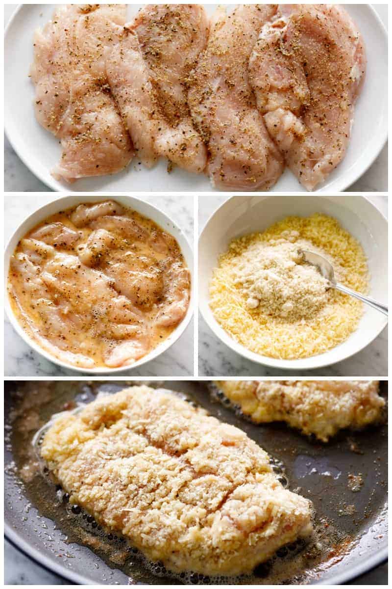 Collage of steps to make chicken parmesan: raw chicken on a large plate, dipped in egg wash, a bowl of crumb coating and the chicken frying in a non-stick pan.