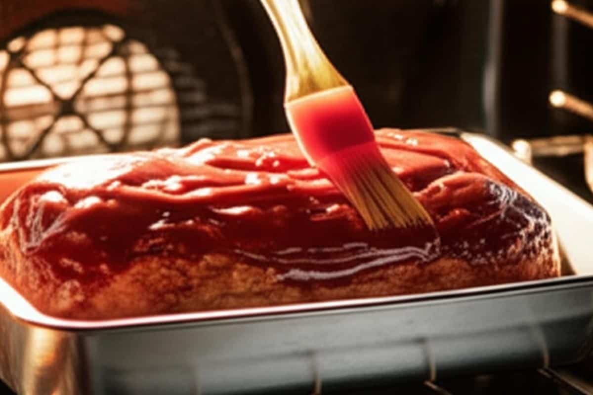 Brushing the meatloaf with the remaining glaze.
