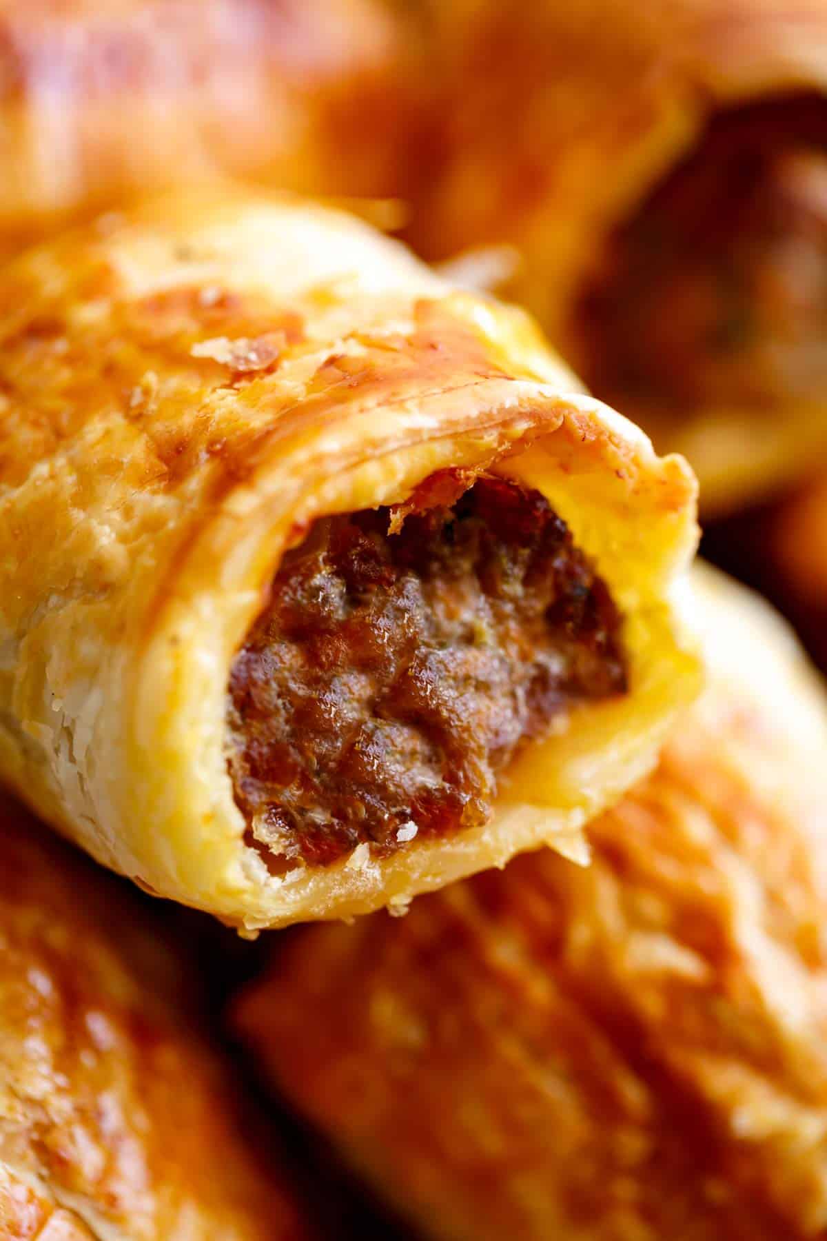 Side view of crunchy Sausage Rolls