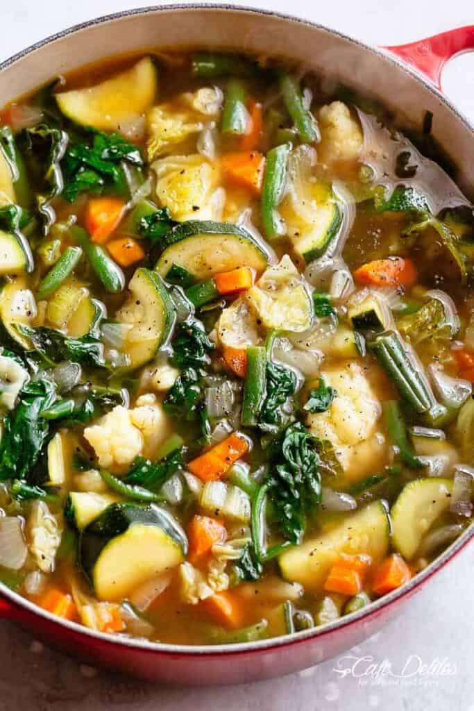 Hot Vegetable soup in a large pot.