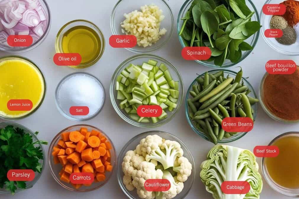 Flatlay image of labeled vegetable soup ingredients in glass bowls, including chopped onion, minced garlic, olive oil, spinach leaves, cayenne pepper, black pepper, beef bouillon powder, beef stock, chopped celery, green beans, cabbage wedges, cauliflower florets, sliced carrots, fresh parsley, salt, and lemon juice.