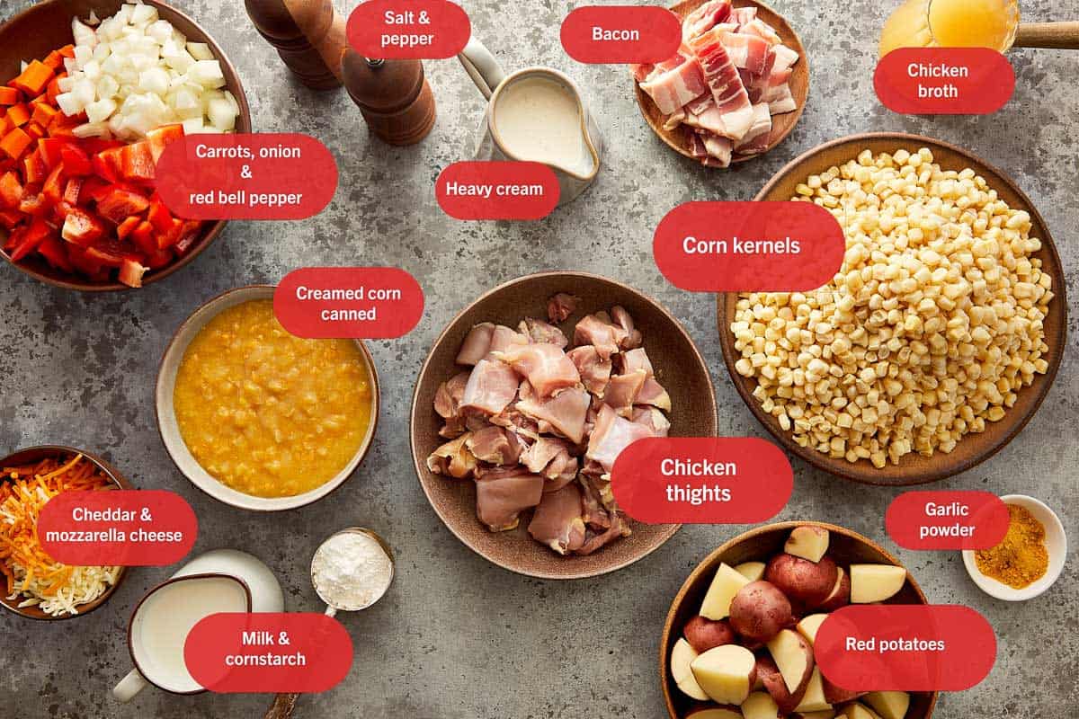 Ingredients for slow cooker chicken bacon corn chowder including chicken thighs, bacon, corn, potatoes, cream, cheese and vegetables.