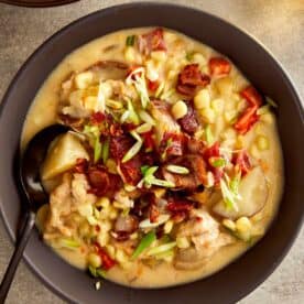 Plate of slowcooker chicken Bacon corn Chowder