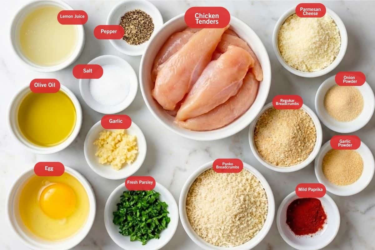Flat lay photo of ingredient shot of lemon juice, pepper, salt, olive oil oil, egg, garlic, fresh parsley, panko breadcrumbs, regular bread crumbs, chicken tenders, parmesan cheese, onion and garlic powder ,mild paprika