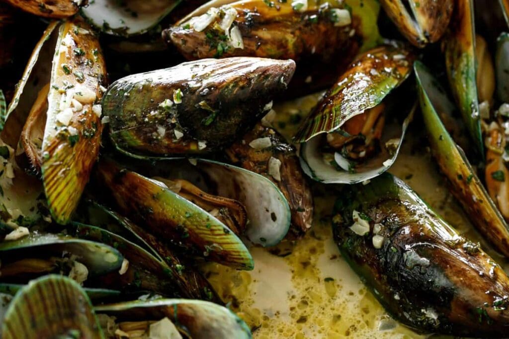 Close-up shot of French Steamed Mussels.