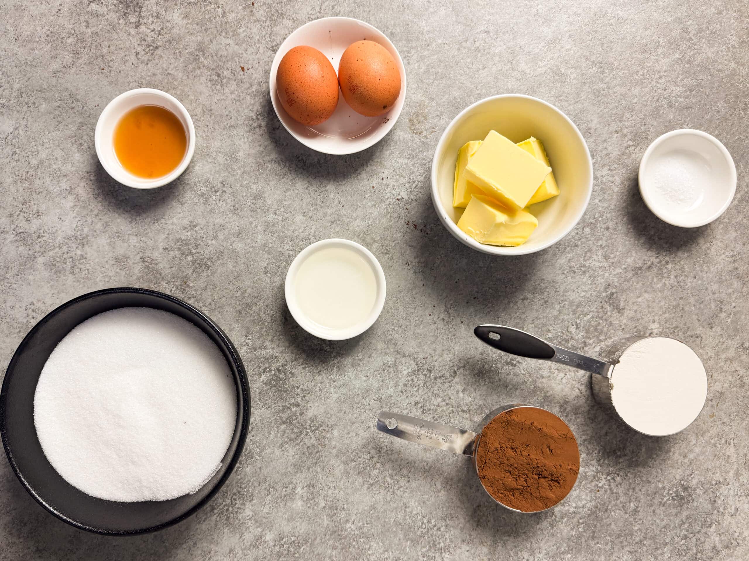 Image of the ingredients needed for the preparation of the Fudgy Cocoa Brownies, specifically: Butter, Flour, Sugar, Vanilla, Cocoa, Salt, Oil, and Eggs