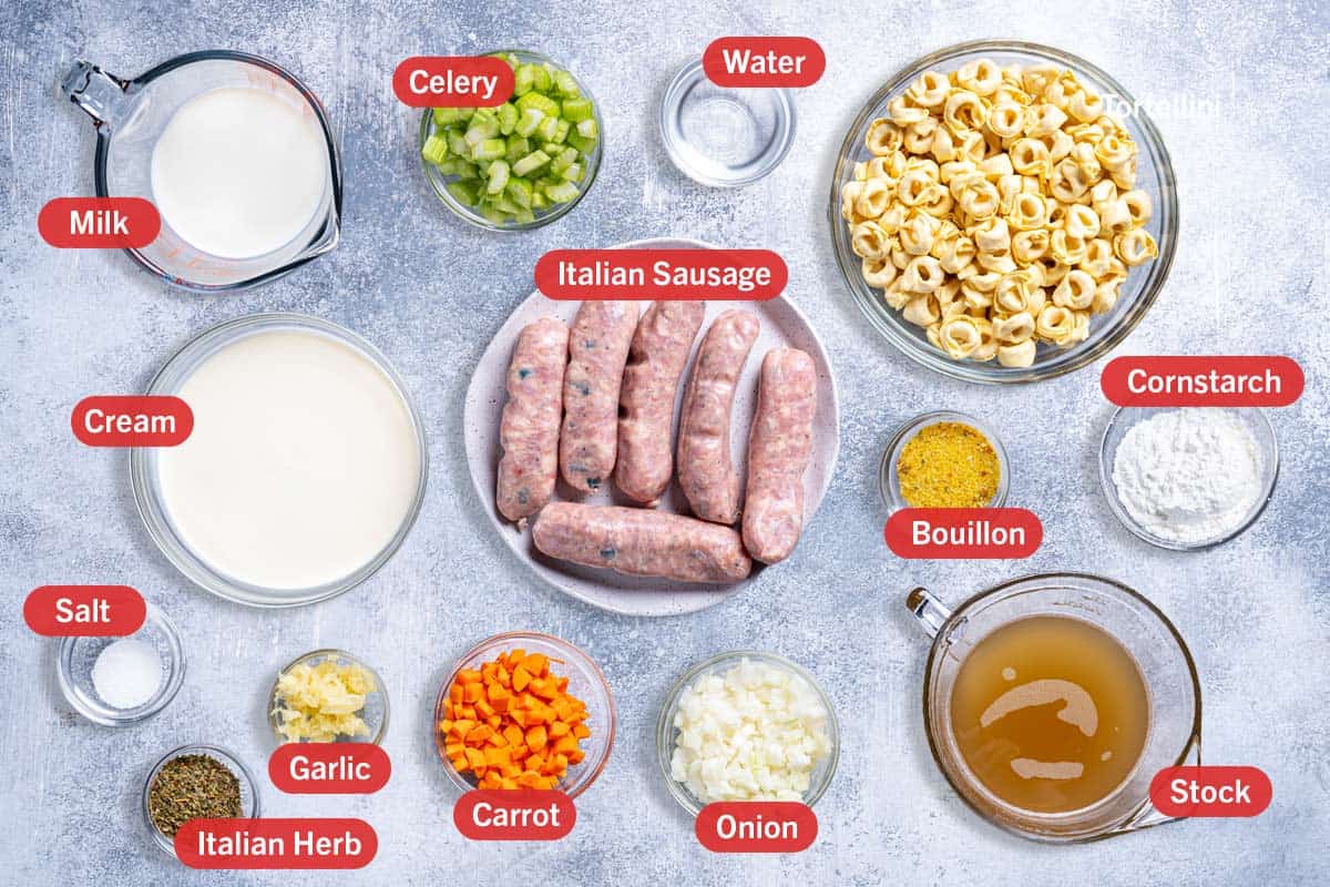 Image of all the ingredients needed for the preparation of this recipe, specifically: milk, celery, water, tortellini, cream, italian sausage, bouillon, cornstarch. salt, italian herb mix, garlic, carrot, onion, and stock.