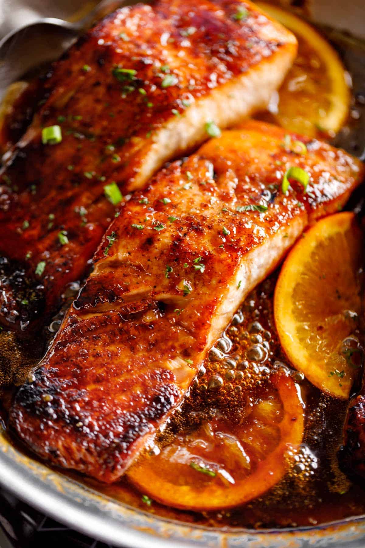 Crispy Honey Orange Glazed Salmon on a skillet