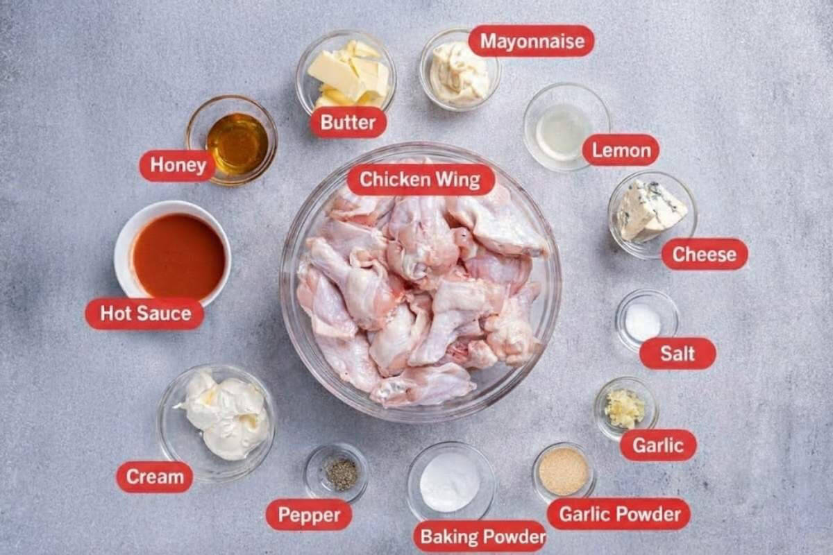 Image of all the ingredients needed for the preparation of this recipe, specifically: Chicken wings, butter, mayonnaise, lemon, cheese, salt, garlic, garlic powder, baking soda, pepper, cream, hot sauce, honey.