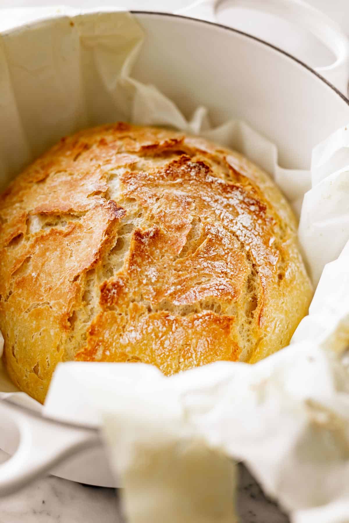 A crispy, golden Artisan Bread dusted with white flour rests in a round, white Dutch oven lined with baking paper. The top, with its small cracks, reveals the fluffy interior of the loaf. The pot is placed on a white marble countertop.


